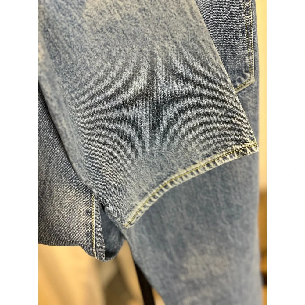 Good American High Rise Straight Leg Jeans Medium Wash Blue Size 12/31 Split Hem